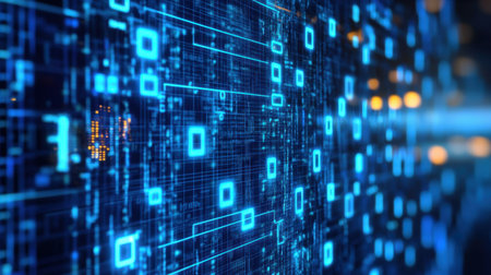 Experience a mesmerizing view of a digital data stream featuring vibrant blue light lines and binary code, symbolizing the intersection of technology and connectivity.の素材
