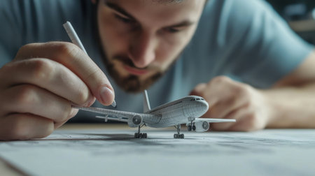 A young man focuses intently on sketching a model airplane, showcasing his dedication to aviation design and the creative process within a well-organized workspace.の素材
