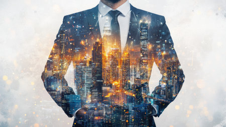 A creative double exposure image of a businessman in a suit against a glowing city skyline, blending urban energy with aspirations of success and professional growth.の素材