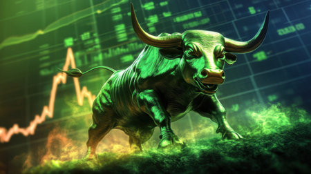 A powerful green bull stands against a backdrop of stock market data, symbolizing financial success and optimism. Perfect for investment and trading themes.の素材