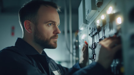 A dedicated engineer intensely operates a control panel in an industrial setting, showcasing precision and technical expertise while managing complex electrical systems and equipment.の素材