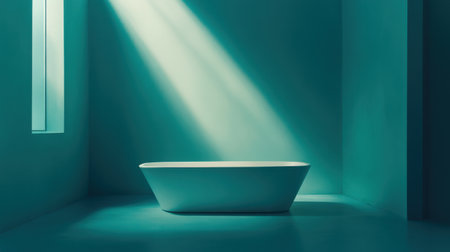 A serene bathroom featuring a sleek freestanding bathtub, enhanced by calming natural light and an aquatic color scheme, ideal for inspiration in interior design projects.の素材
