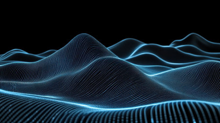 Discover a mesmerizing abstract landscape featuring futuristic blue light waves undulating over smooth curves, creating a visually stunning representation of technology and creativity.の素材