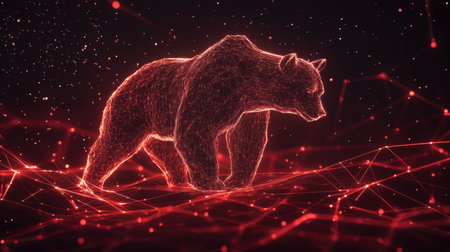A captivating digital artwork depicting a wireframe bear illuminated by red lights, symbolizing strength and energy in a modern technological environment. Ideal for wildlife and tech themes.の素材