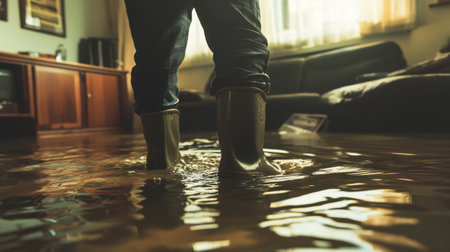 A person is standing barefoot in a flooded living room, wearing protective rubber boots, reflecting a challenging moment during a home disaster impacting daily life.の素材