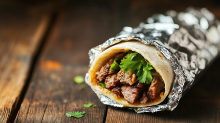 A close-up of a delicious tortilla wrap filled with tender meat and fresh herbs, showcasing rich textures and vibrant flavors on a rustic wooden backdrop.の素材