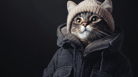 Stylish feline in a warm jacket and hat, posing confidently under a soft spotlight on a minimalist black backgroundの素材