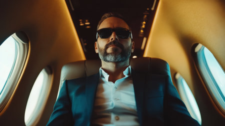 A businessman wearing sunglasses sits confidently in a luxurious private jet cabin, surrounded by modern interiors and bright windows, ideal for a successful journey.の素材