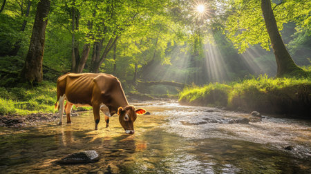 Brown cow drinks from clear forest stream, sunlight streaming through trees in peaceful sceneの素材