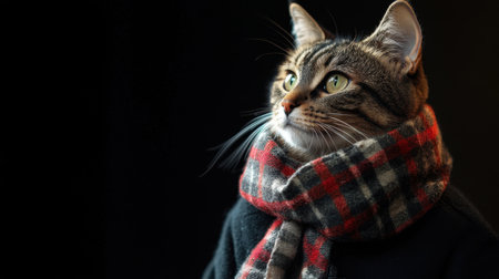 A reflective tabby cat wrapped in a tartan scarf and dark jacket, gazing somberly to the side with dramatic lightingの素材