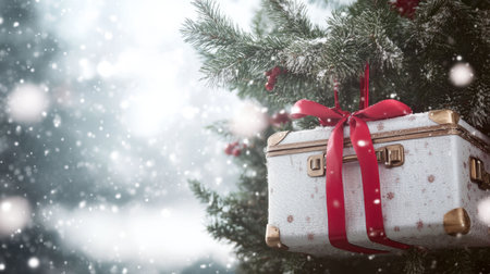 Silver luggage tied with red ribbons, hanging from an evergreen tree under softly falling snow, evokes a whimsical holiday travel atmosphereの素材