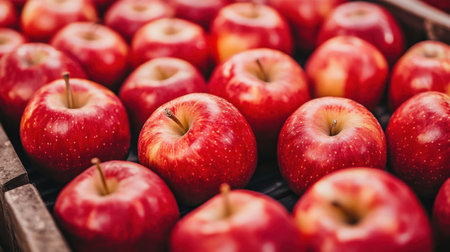 A close-up view of red apples neatly arranged in a wooden crate, highlighting their juicy texture and vibrant color, ideal for health-conscious consumers and culinary enthusiasts.の素材