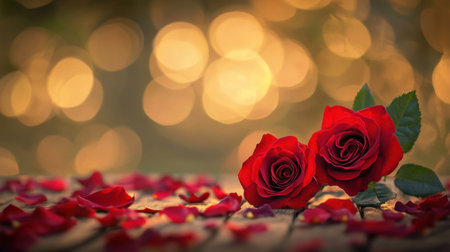 A romantic scene of two vibrant red roses resting amidst scattered petals on wood, with a blurred bokeh background enhancing their beautyの素材