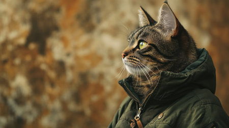 A thoughtful tabby cat in a green jacket, gazing away in a peaceful outdoor setting with muted natural tonesの素材