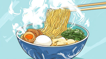 Traditional ramen bowl with noodles lifted, steam rising, showcasing fresh and tasty ingredientsの素材