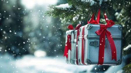 Elegant silver suitcases adorned with vibrant red ribbons hang from an evergreen tree, sparkling in a snowy landscape, embodying luxury holiday travelの素材