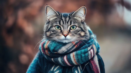 A serious cat in a tartan scarf and jacket, sitting contemplatively against a soft-focus winter backgroundの素材