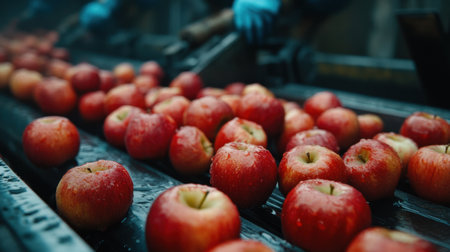 A vivid scene of freshly harvested red apples on a conveyor belt, showcasing the sorting process in a modern packing facility, emphasizing quality and freshness.の素材