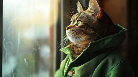 Thoughtful tabby wearing a green coat, positioned near a window with soft sunlight highlighting its reflective moodの素材
