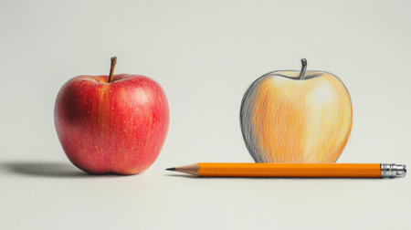 A realistic apple appears alongside a pencil drawing of itself, symbolizing the boundary between art and realityの素材