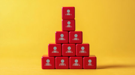 Red block with leader symbol atop stacked cubes with team icons, symbolizing structured leadership and organizationの素材