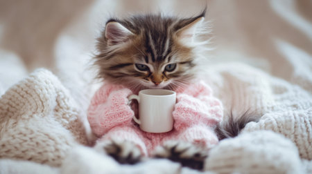 A fluffy kitten wearing a pink outfit, holding a small mug while sitting on a soft blanket, radiating cozinessの素材