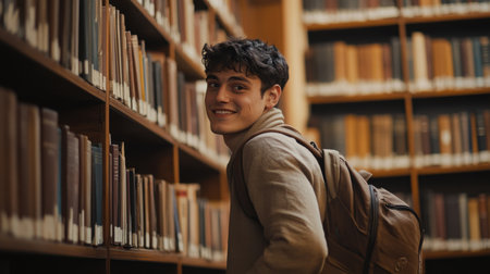 A joyful male student with a backpack leans against a library shelf, surrounded by books and a sense of academic curiosityの素材