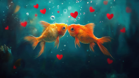 Two delicate fish share a gentle kiss, surrounded by floating red hearts in a magical underwater world, exuding love and marine harmonyの素材