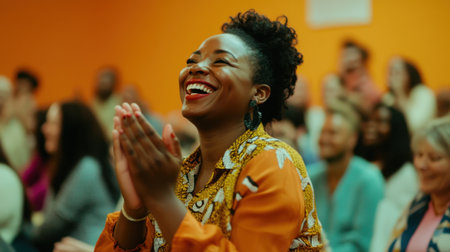 A spirited black woman applauds enthusiastically with a diverse crowd in a brightly lit seminar hall, capturing the joy of shared learning and engagementの素材
