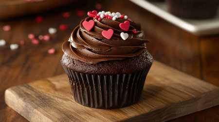Topped with rich chocolate frosting and delicate heart sprinkles, this cupcake radiates a sense of joy and sweetness, ideal for celebrating loveの素材
