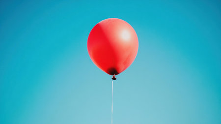 A single red balloon held aloft against a bright blue sky, conveying simplicity, freedom, and lightheartedness.の素材