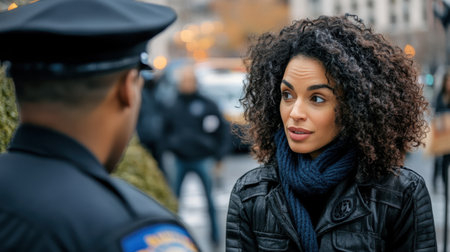 A woman and a police officer in a calm discussion, framed by an urban backdrop, symbolizing trust and communication in public safetyの素材