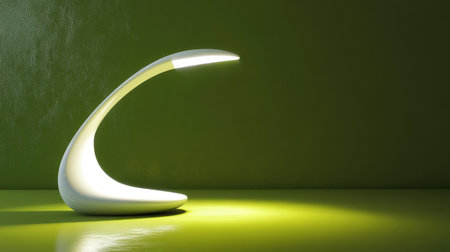 Modern white lamp with curved arm, casting soft light on a green background, creating warmthの素材