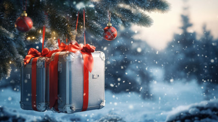 Elegant silver suitcases adorned with vibrant red ribbons hang from an evergreen tree, sparkling in a snowy landscape, embodying luxury holiday travelの素材