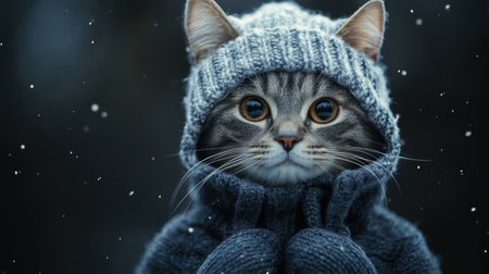 Winter-ready cat adorned in cozy clothes, standing stoically on a dark backdrop with subtle highlightsの素材