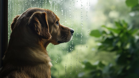 A pensive dog watches raindrops slide down the window, looking at the lush greenery outside, waiting for the rain to stop.の素材