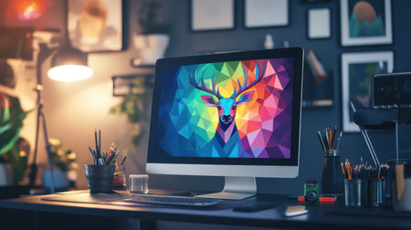 The workspace of a graphic designer features a tablet displaying a colorful polygonal deer artwork, symbolizing modern digital artistryの素材