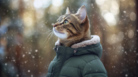 A tabby cat in a cozy green jacket, posing against a blurred winter forest backdrop, lost in thoughtの素材
