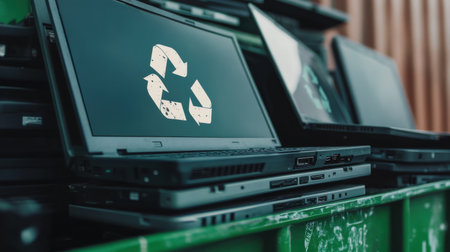 A stack of laptops ready to be recycled into a green bin with a recycling symbol, emphasizing e-waste management and eco-conscious actionsの素材