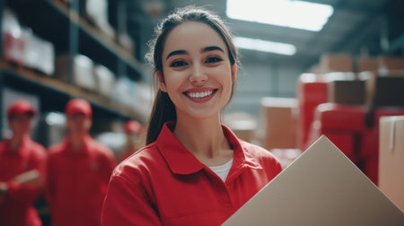 A warehouse scene with a smiling woman in a red uniform leading her team, holding packages, and symbolizing efficient logistics and camaraderieの素材