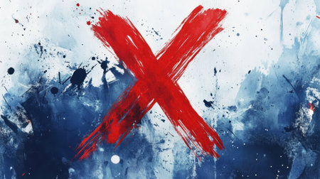 Artistic depiction of a red X painted on a splattered blue and white watercolor background, emphasizing boldness and finality.の素材