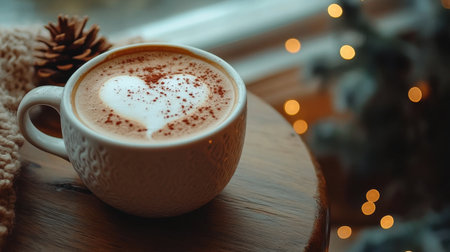 A cappuccino with heart latte art sits warmly on a wooden table, the creamy foam adding a cozy touch.の素材