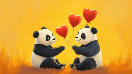 Two lovable pandas sit with red heart balloons in hand, their gentle expressions against a sunny yellow background highlighting playful affectionの素材