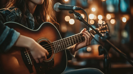 A close-up of a female musician's expressive performance in a warmly lit cafe, with acoustic guitar and microphone.の素材