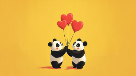 Against a vibrant yellow background, two pandas hold red heart-shaped balloons, embodying cuteness, love, and a joyful spirit in perfect harmonyの素材