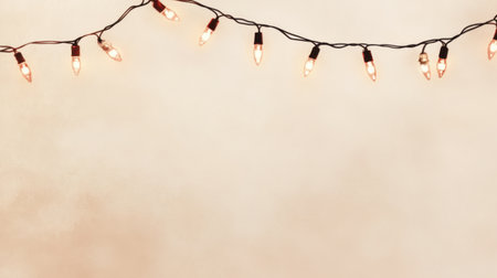 A cozy string of warm-toned Christmas lights against a soft beige background, creating a minimalistic holiday ambianceの素材