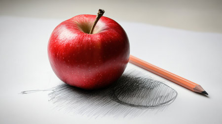 A real red apple contrasts with its pencil sketch, both floating in harmony, blending reality with creativity.の素材