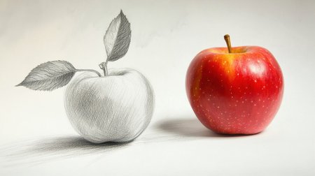 A sketched pencil drawing of an apple transitions seamlessly into a real red apple floating beside it, symbolizing creativity.の素材
