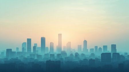 A hazy city skyline with visible smog, illustrating air pollution and its impact on urban living and the environment.の素材