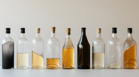 Alcohol bottles lined up in two rows, capturing the variety and sophistication of their design with no lettering.の素材